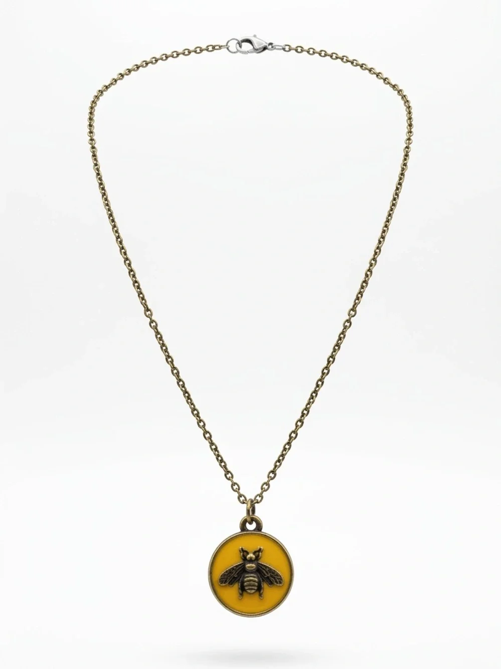 Brass-Tone Bee Pendant Necklace with Yellow Enamel Medallion